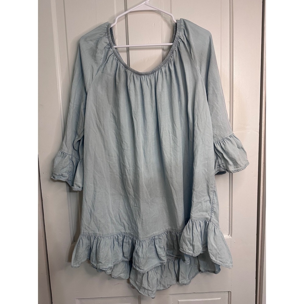 Terra & Sky Women 2X Blue Lyocell Chambray Ruffle Hem Bell Sleeve Tunic TS18484